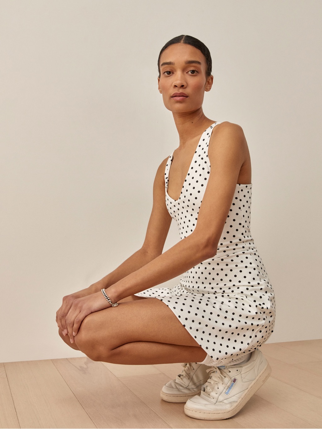 Reformation Bella Ecomove Active Dress White & Black Polka Dots Size X-Small